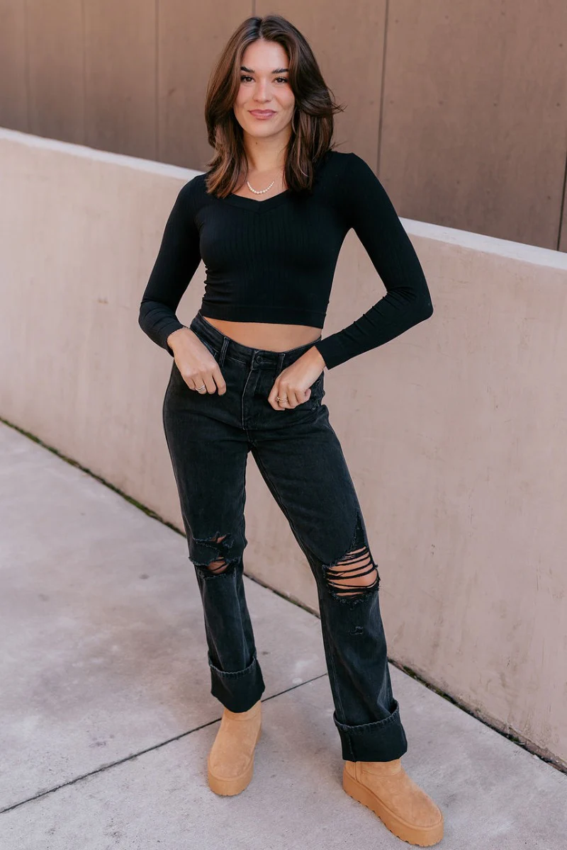 Ella Black V-Neckline Long Sleeve Top