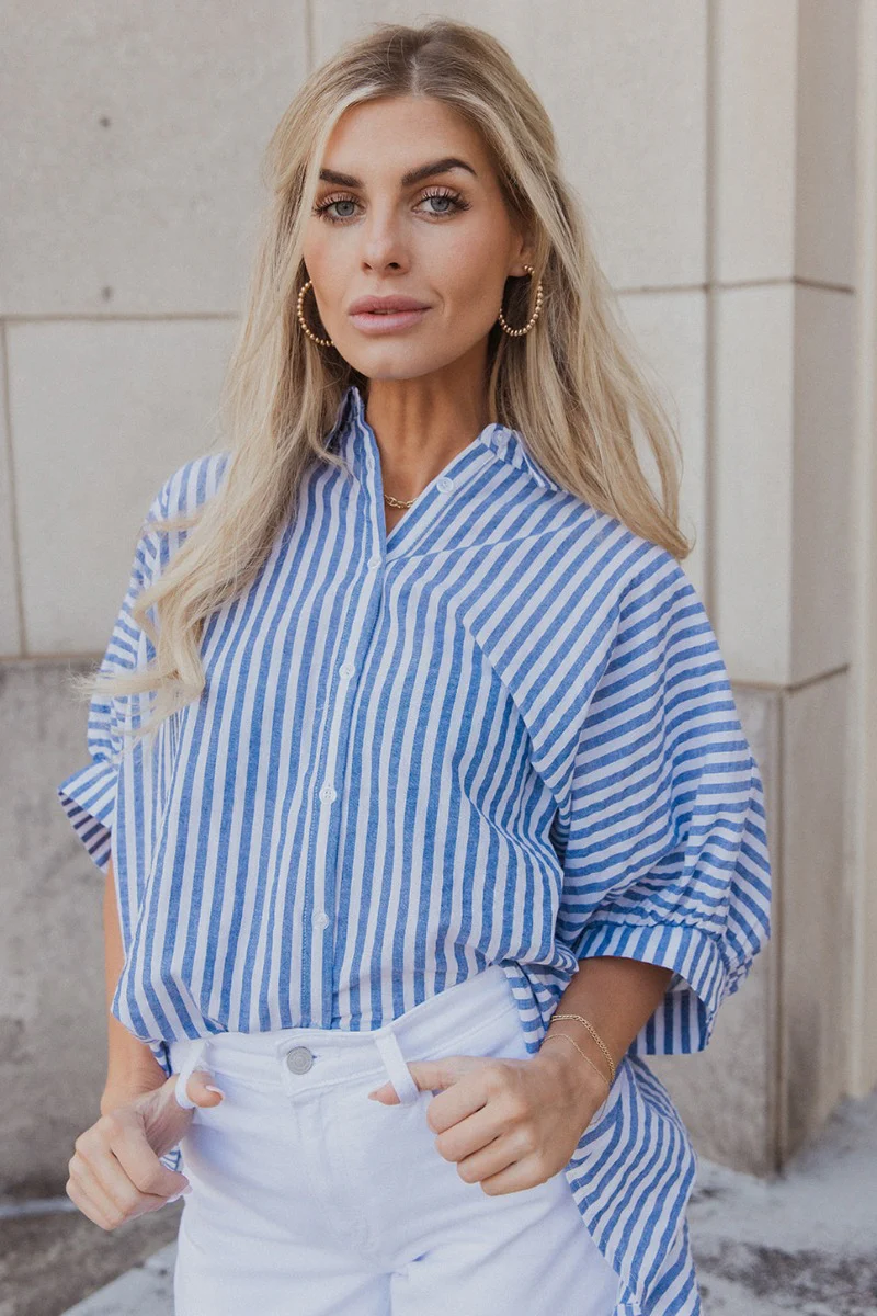 Ella Blue & White Stripe Button Up Top