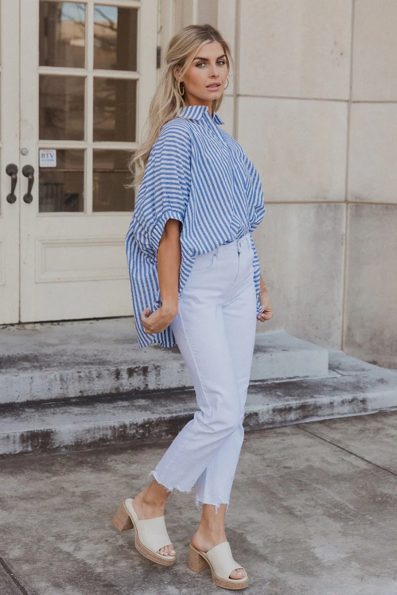 Ella Blue & White Stripe Button Up Top - Image 2