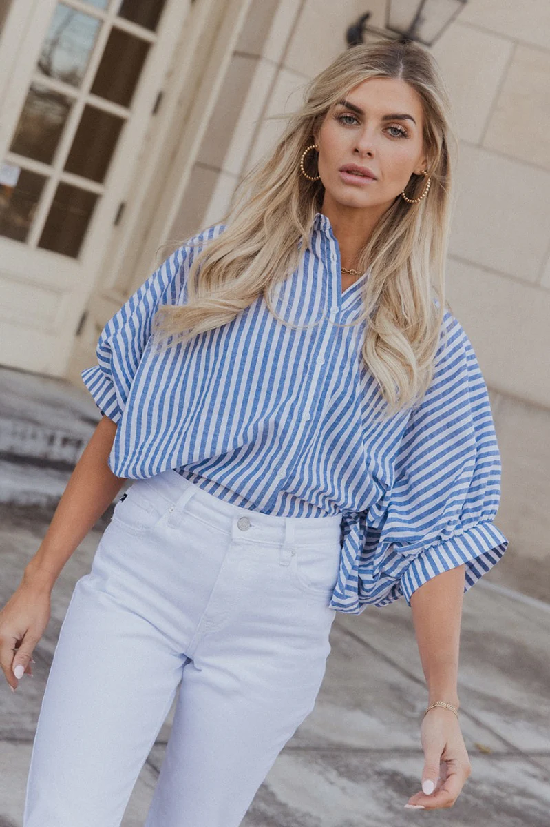 Ella Blue & White Stripe Button Up Top - Image 3
