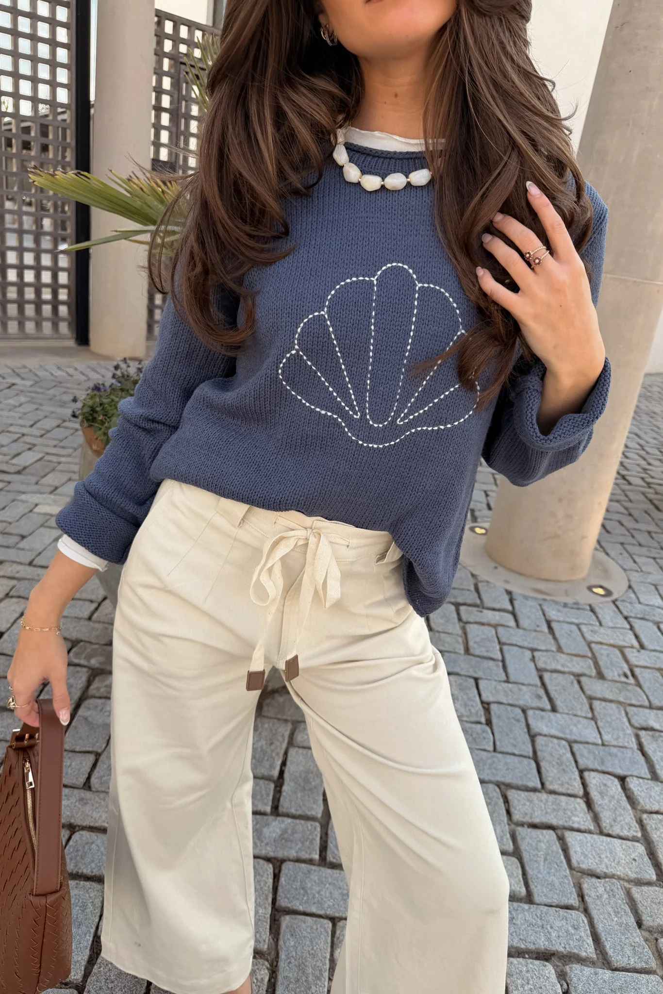 Ella Navy & White Seashell Stitch Sweater - Image 6