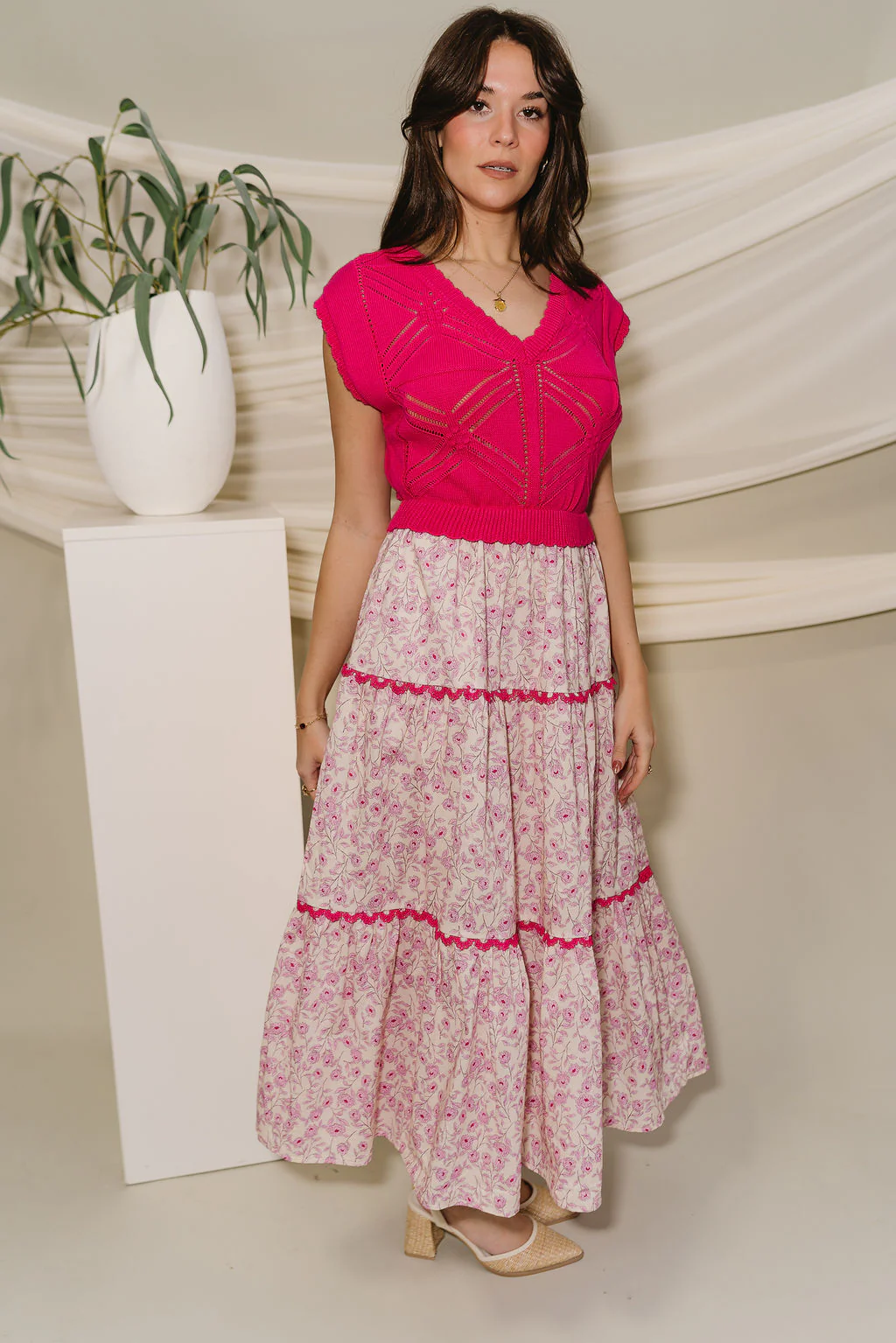 Elle Hot Pink Floral Twofer Midi Dress - Image 5