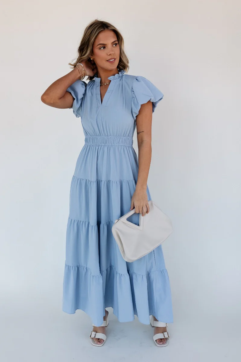 Ellie Light Blue Tiered Short Sleeve Midi Dress