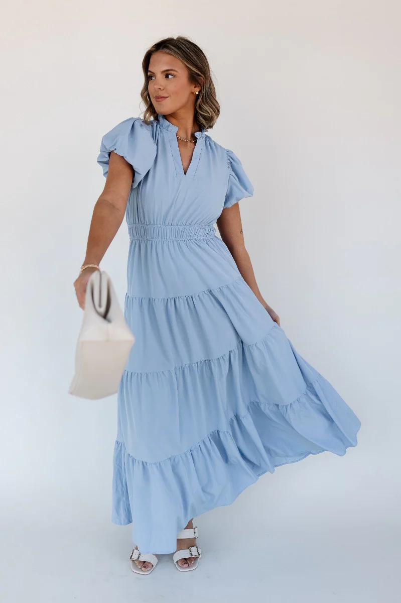 Ellie Light Blue Tiered Short Sleeve Midi Dress - Image 2