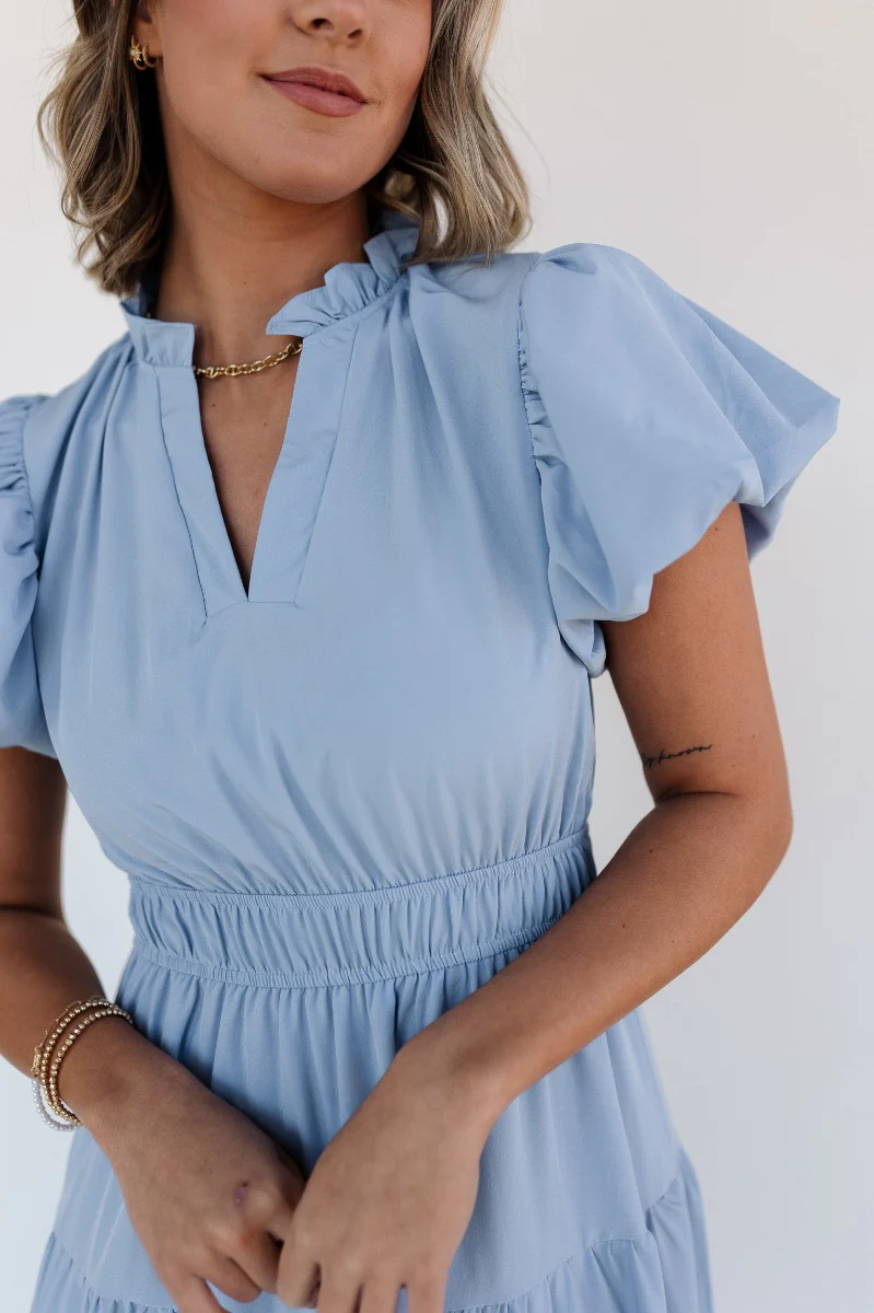 Ellie Light Blue Tiered Short Sleeve Midi Dress - Image 4