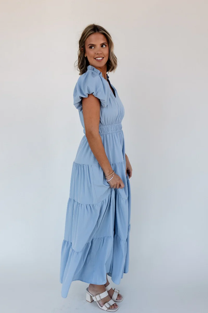 Ellie Light Blue Tiered Short Sleeve Midi Dress - Image 5