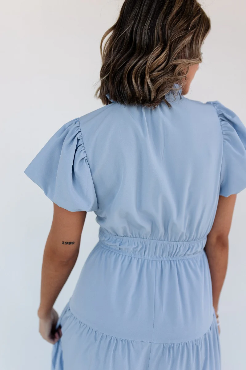 Ellie Light Blue Tiered Short Sleeve Midi Dress - Image 7