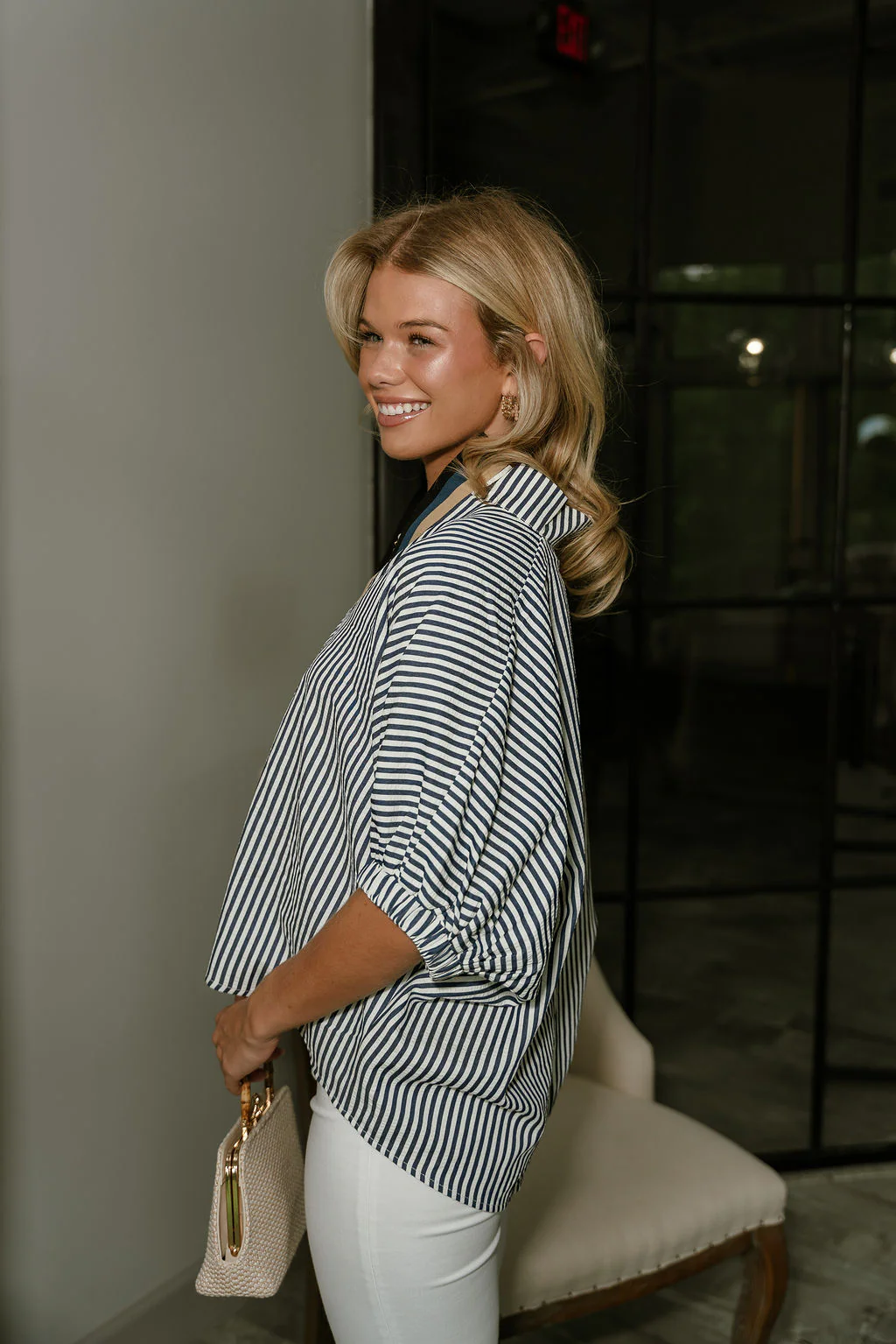 Elliot Navy Multi Stripe Short Sleeve Top - Image 3