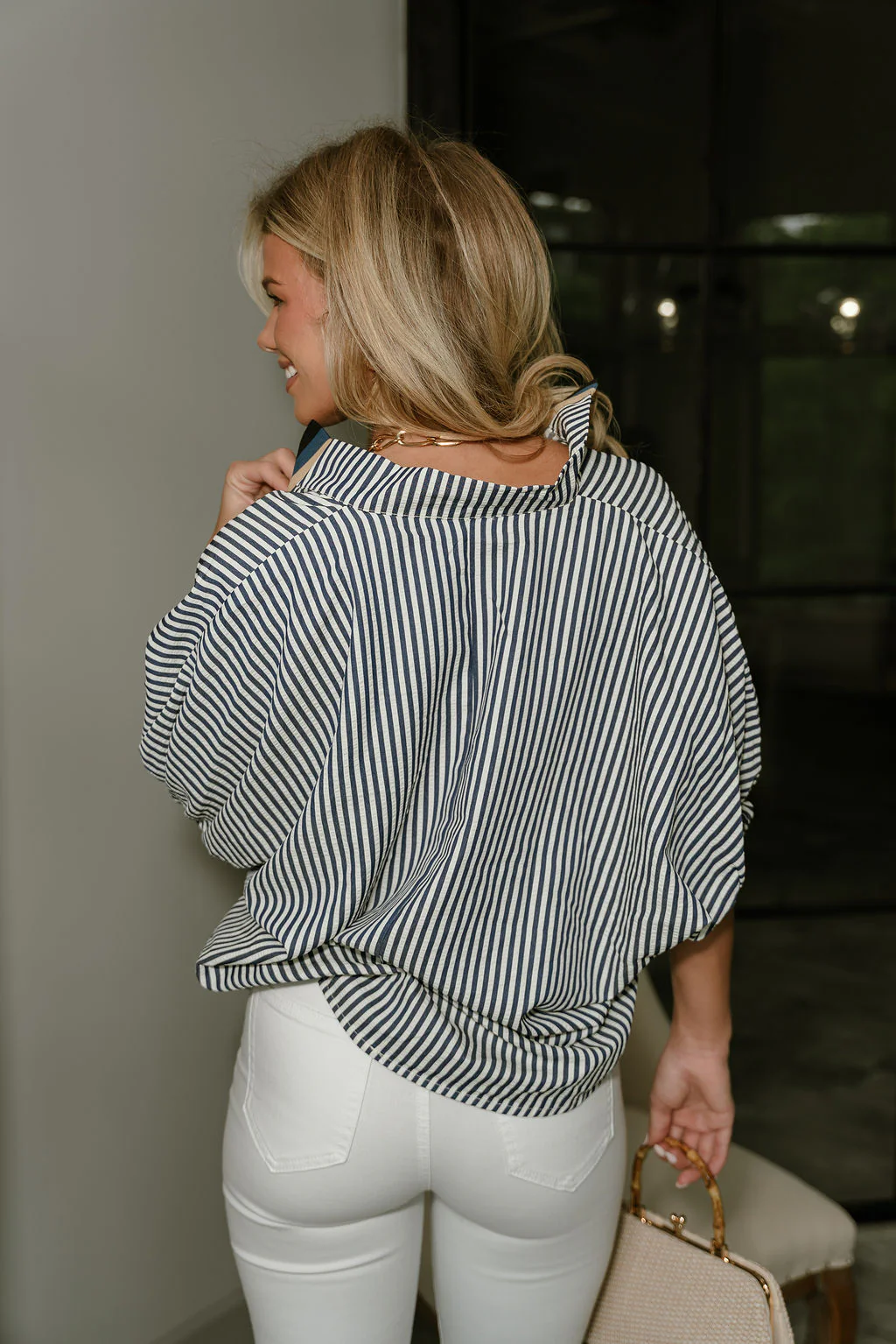 Elliot Navy Multi Stripe Short Sleeve Top - Image 7
