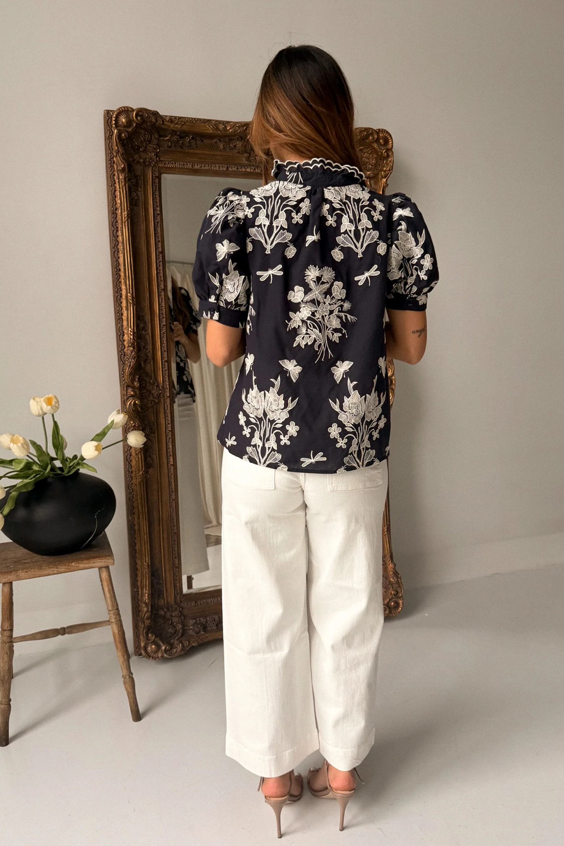 Ellora Navy & White Floral Puff Sleeve Top - Image 6