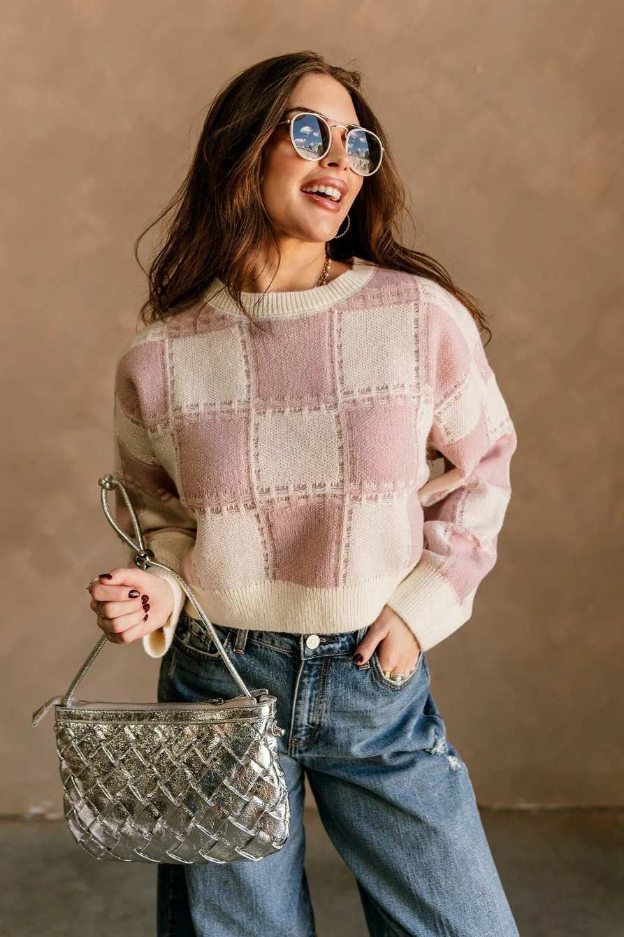 Elora Dusty Pink & Cream Plaid Sweater