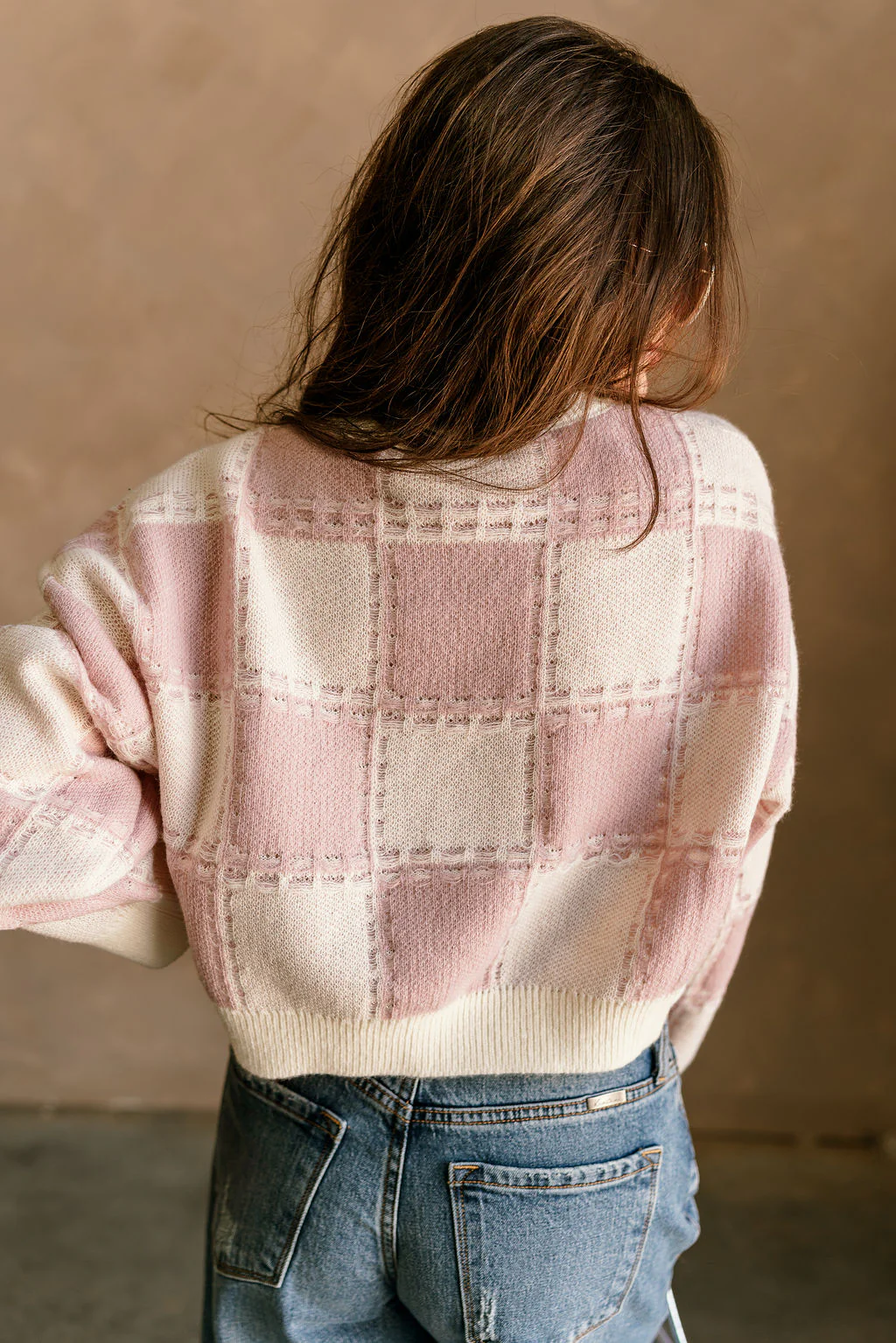 Elora Dusty Pink & Cream Plaid Sweater - Image 4