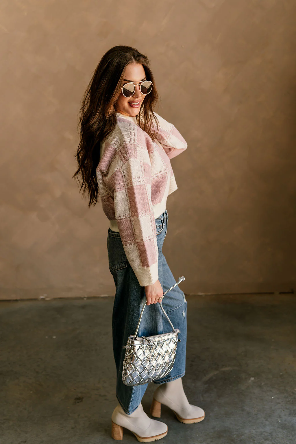 Elora Dusty Pink & Cream Plaid Sweater - Image 5