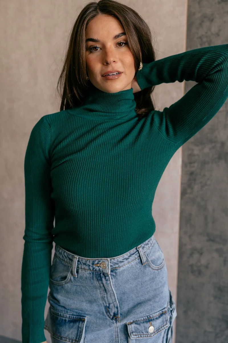 Elora Green Long Sleeve Ribbed Turtleneck - Image 2