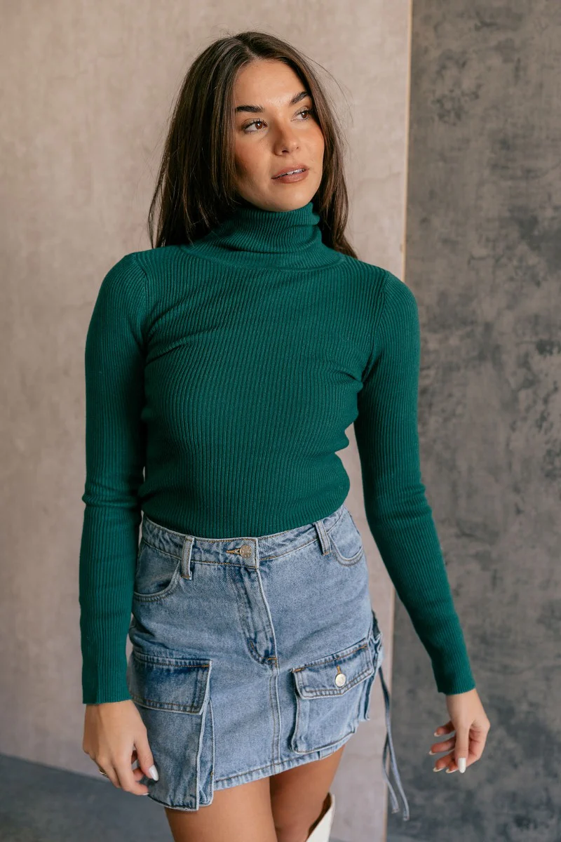 Elora Green Long Sleeve Ribbed Turtleneck - Image 3