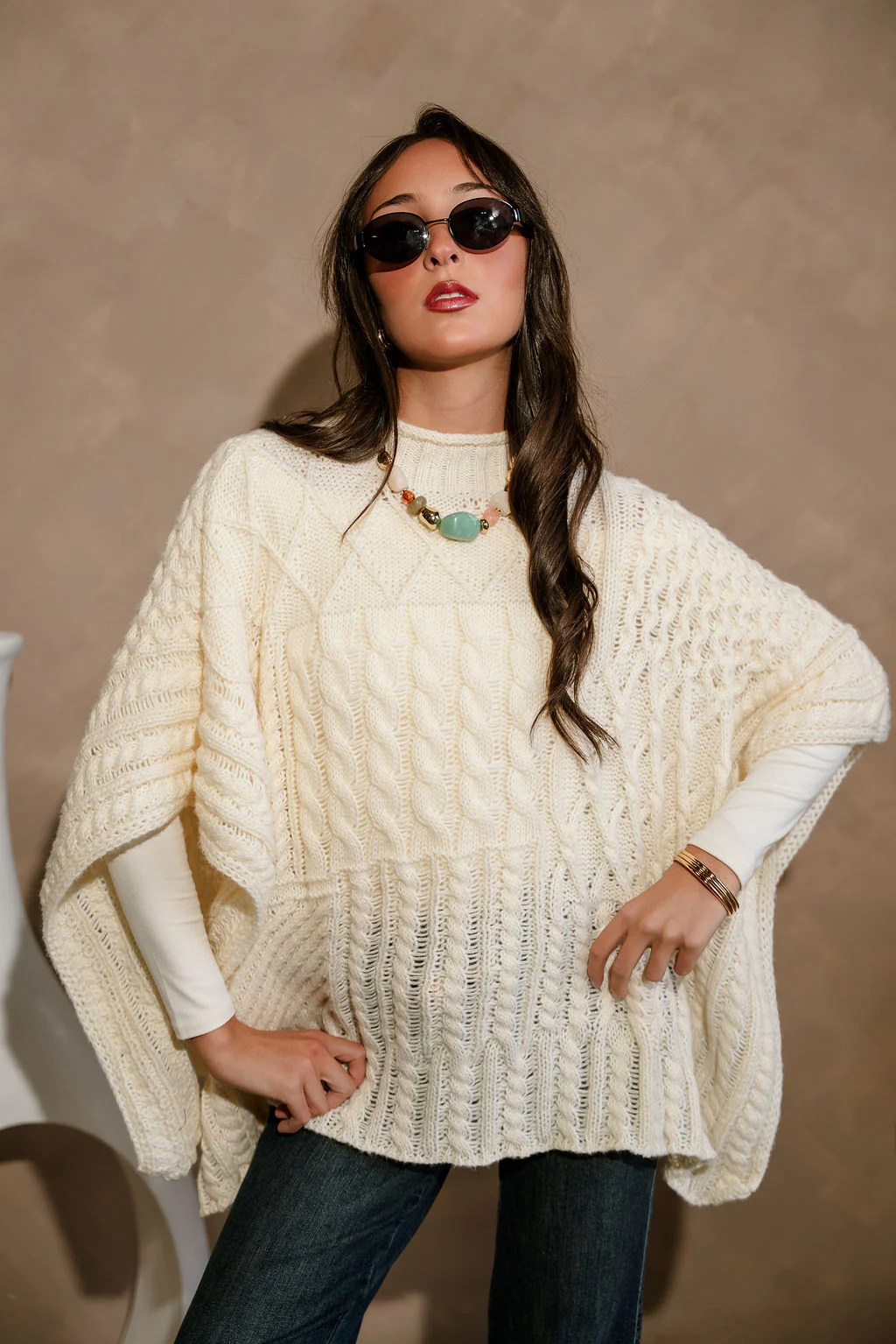 Elouise Cream Cable Knit Poncho Sweater