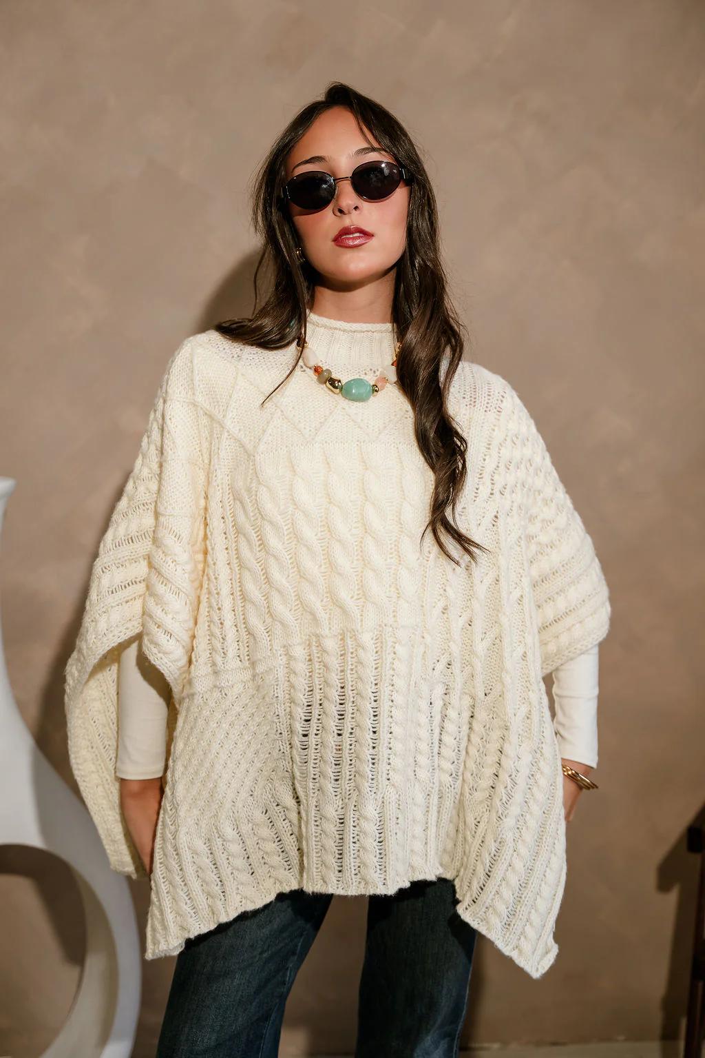 Elouise Cream Cable Knit Poncho Sweater - Image 3