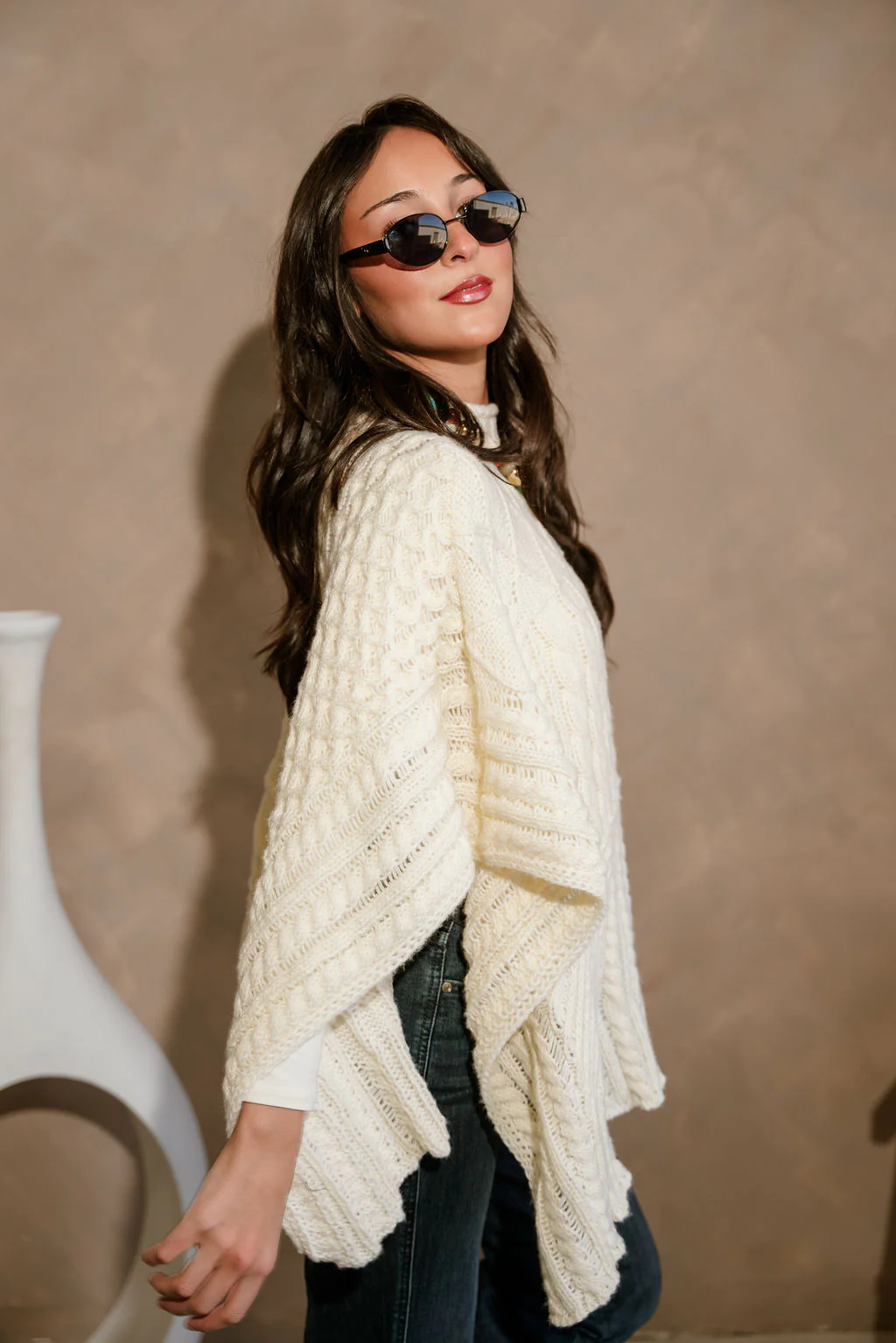 Elouise Cream Cable Knit Poncho Sweater - Image 4