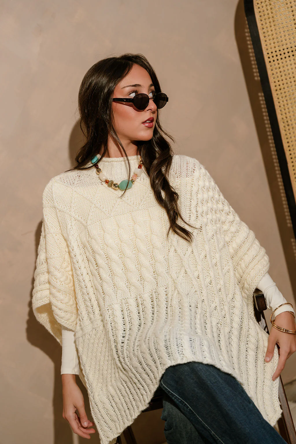 Elouise Cream Cable Knit Poncho Sweater - Image 6