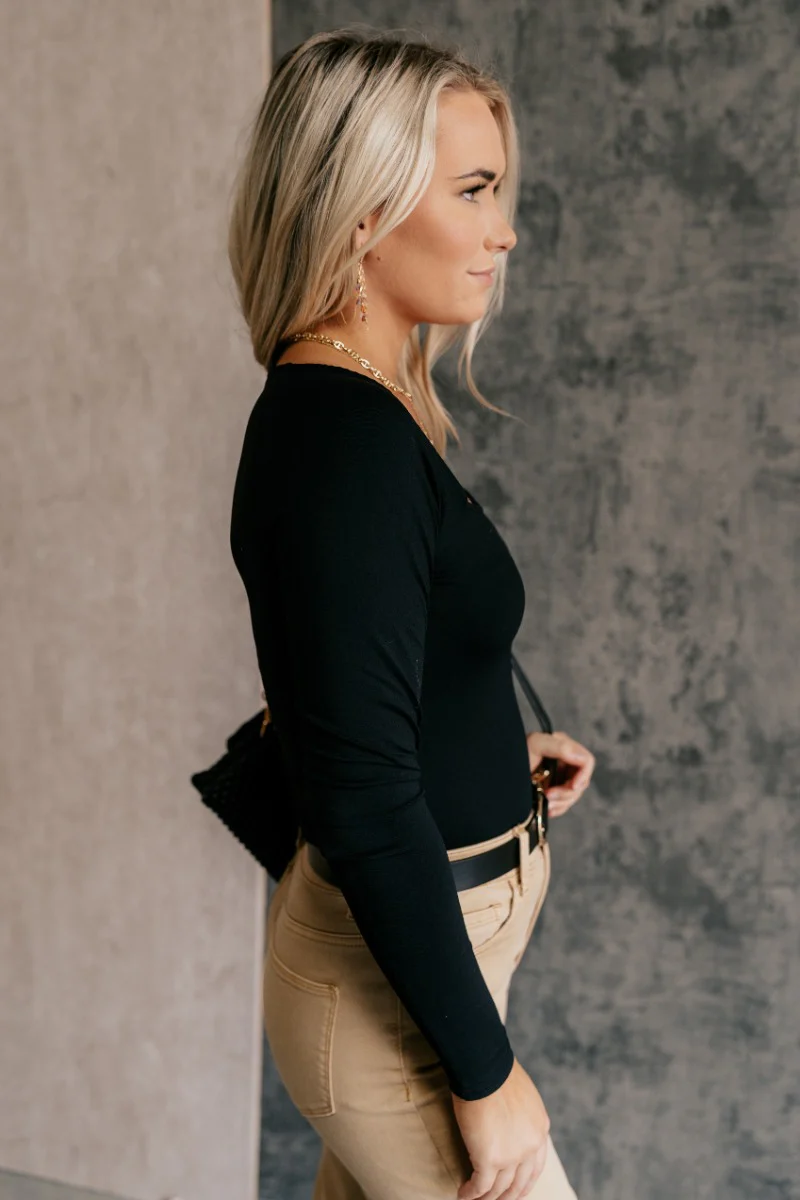 Elsie Black Square Neckline Long Sleeve Bodysuit - Image 5