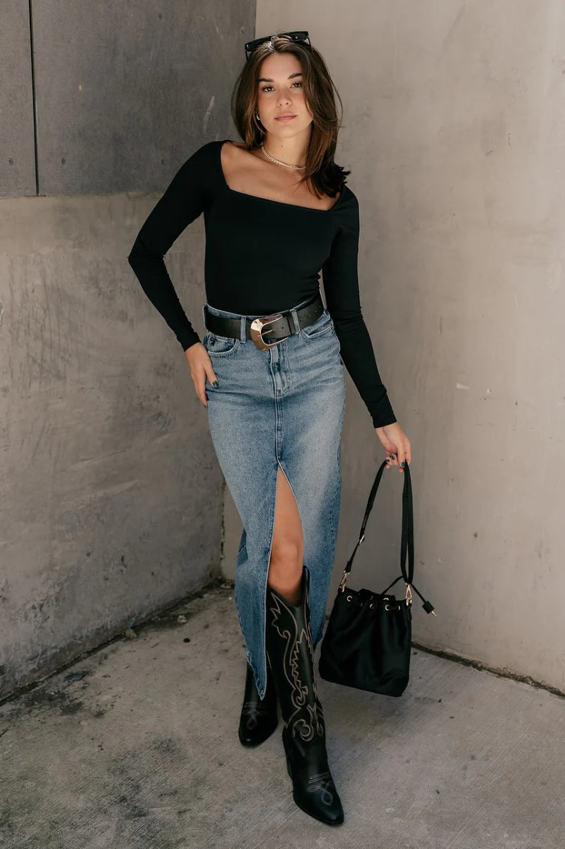 Elsie Black Square Neckline Long Sleeve Bodysuit - Image 8