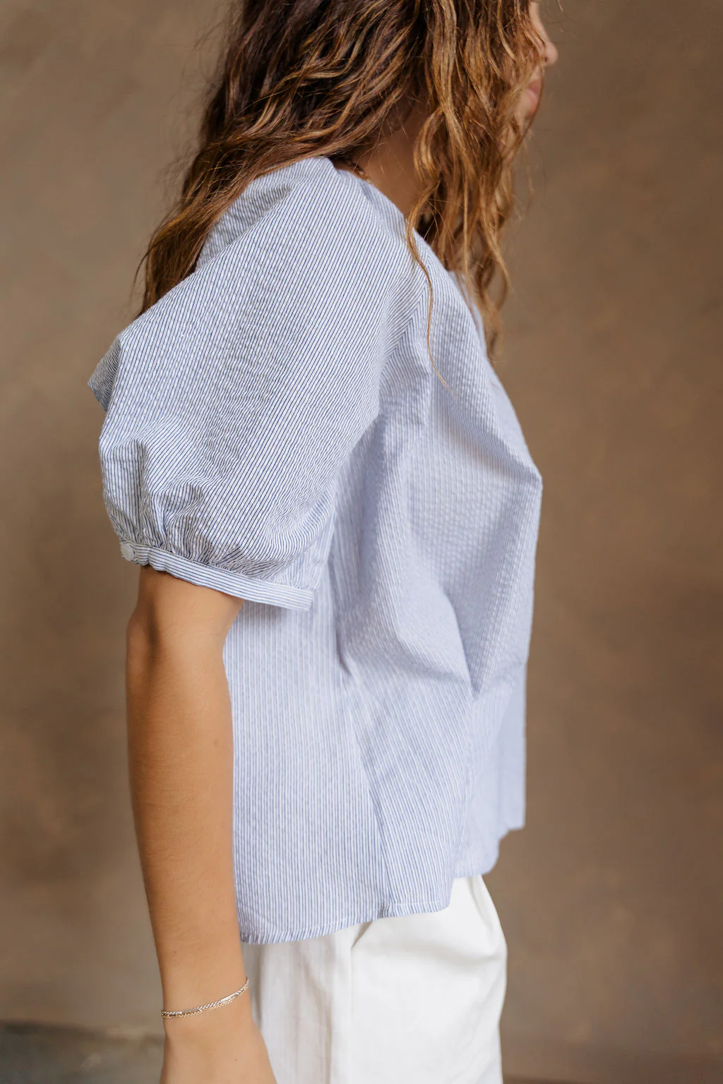 Elsie Blue & White Stripe Short Puff Sleeve Top - Image 3