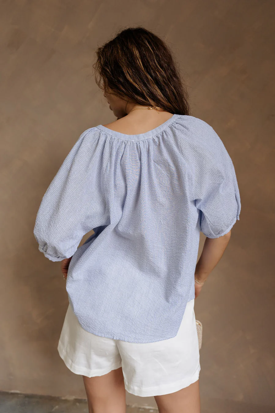 Elsie Blue & White Stripe Short Puff Sleeve Top - Image 4