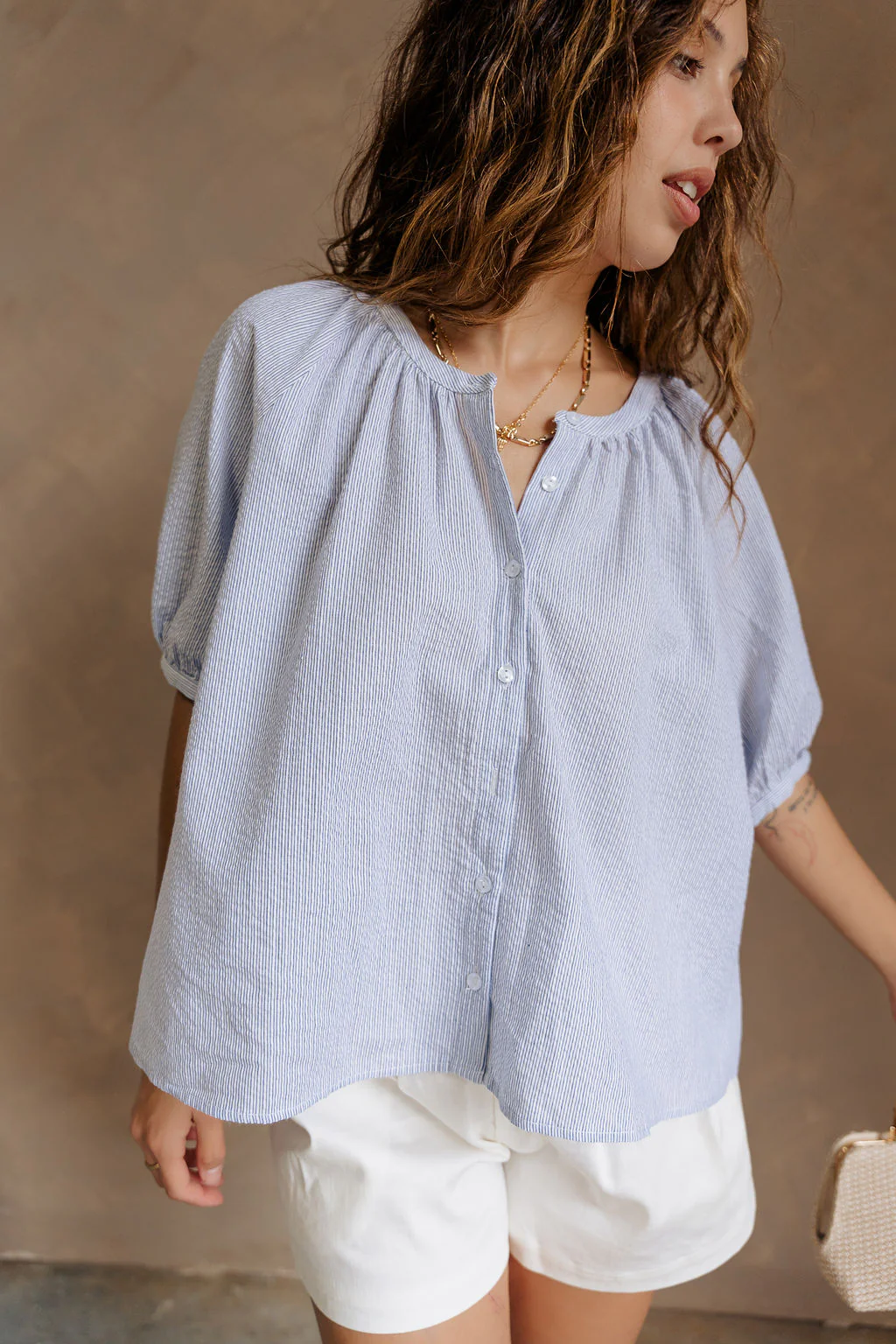 Elsie Blue & White Stripe Short Puff Sleeve Top - Image 5