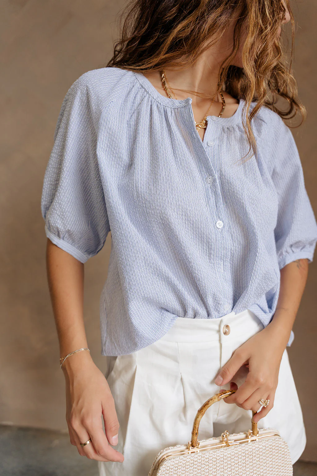 Elsie Blue & White Stripe Short Puff Sleeve Top - Image 6