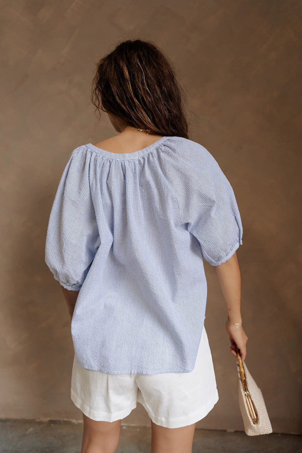 Elsie Blue & White Stripe Short Puff Sleeve Top - Image 7