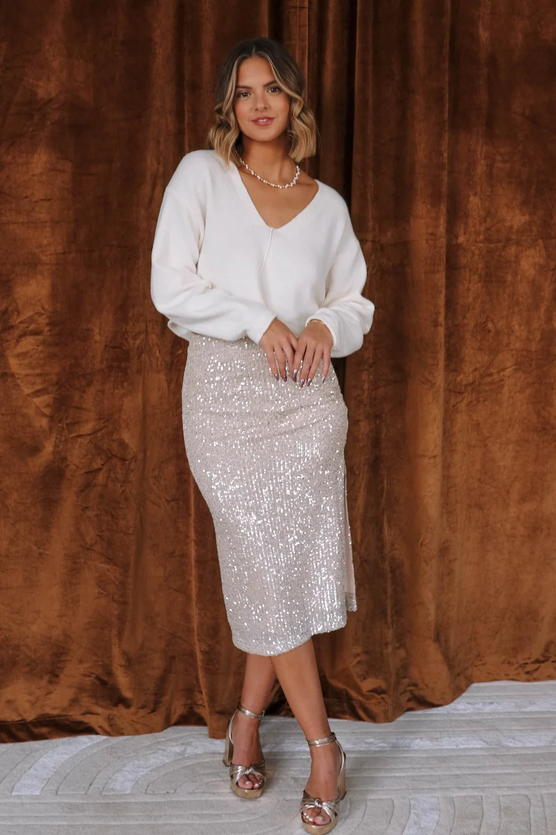 Elsie Champagne Sequin Slit Midi Skirt - Image 2