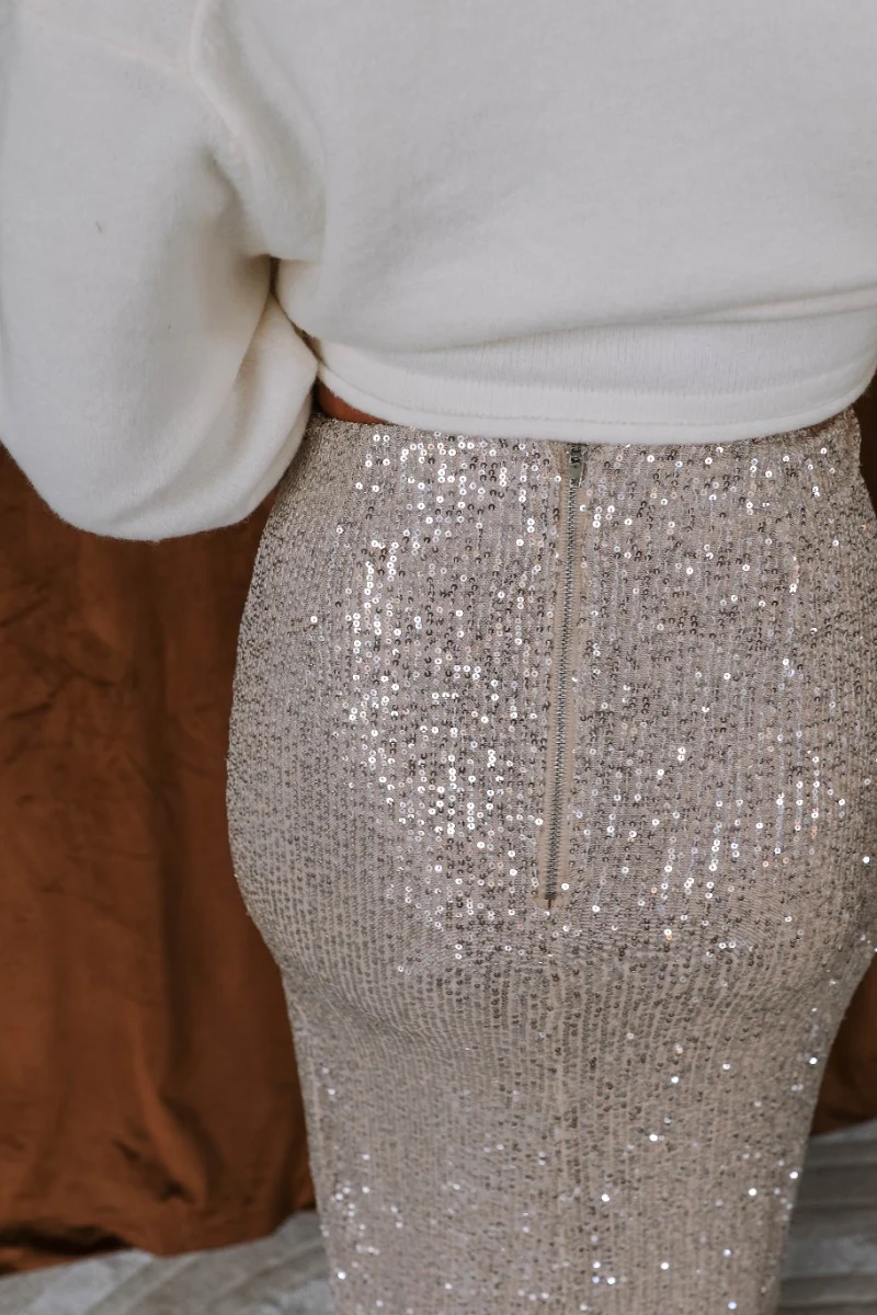 Elsie Champagne Sequin Slit Midi Skirt - Image 6