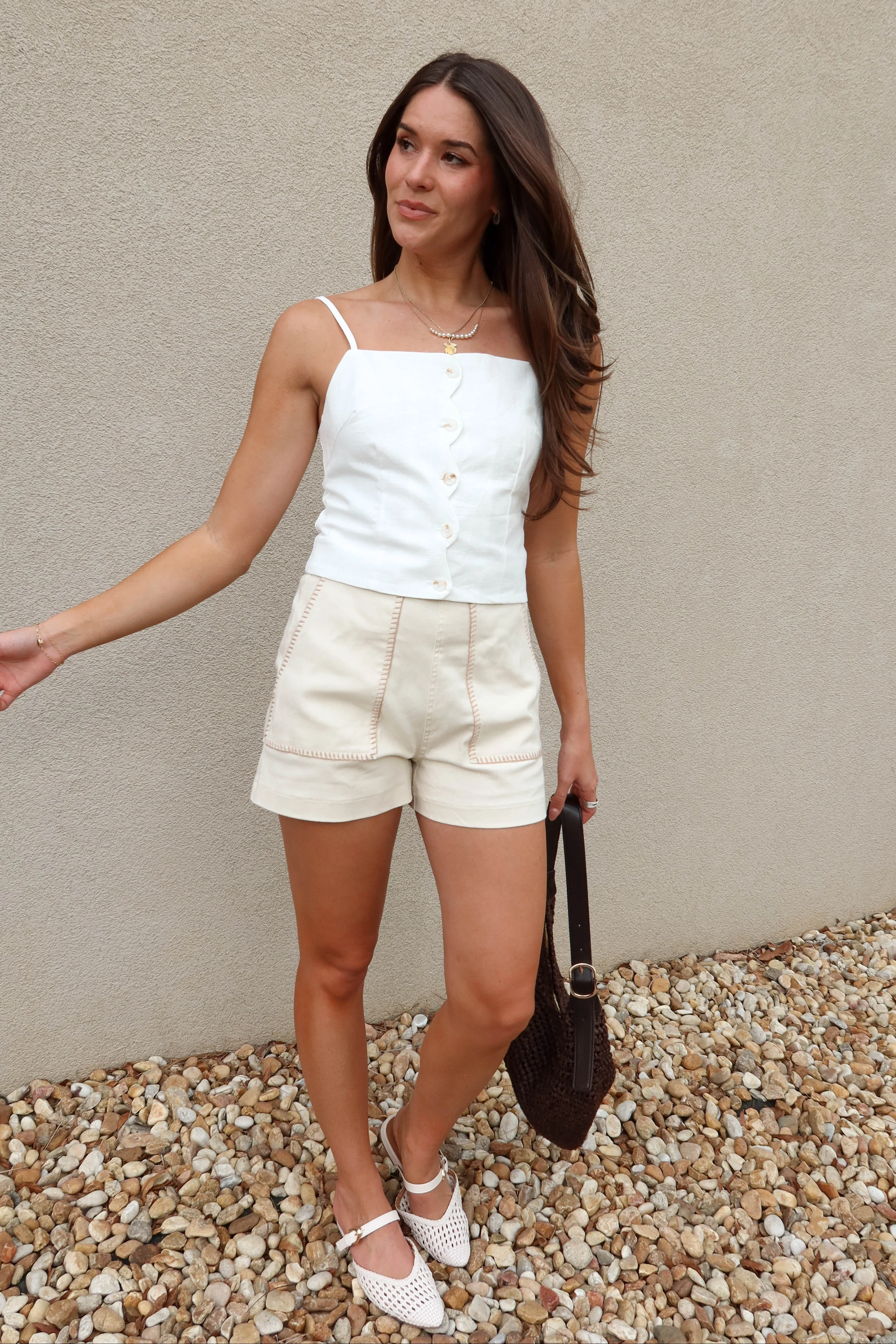 Elsie Ecru Stitch Detail Denim Shorts