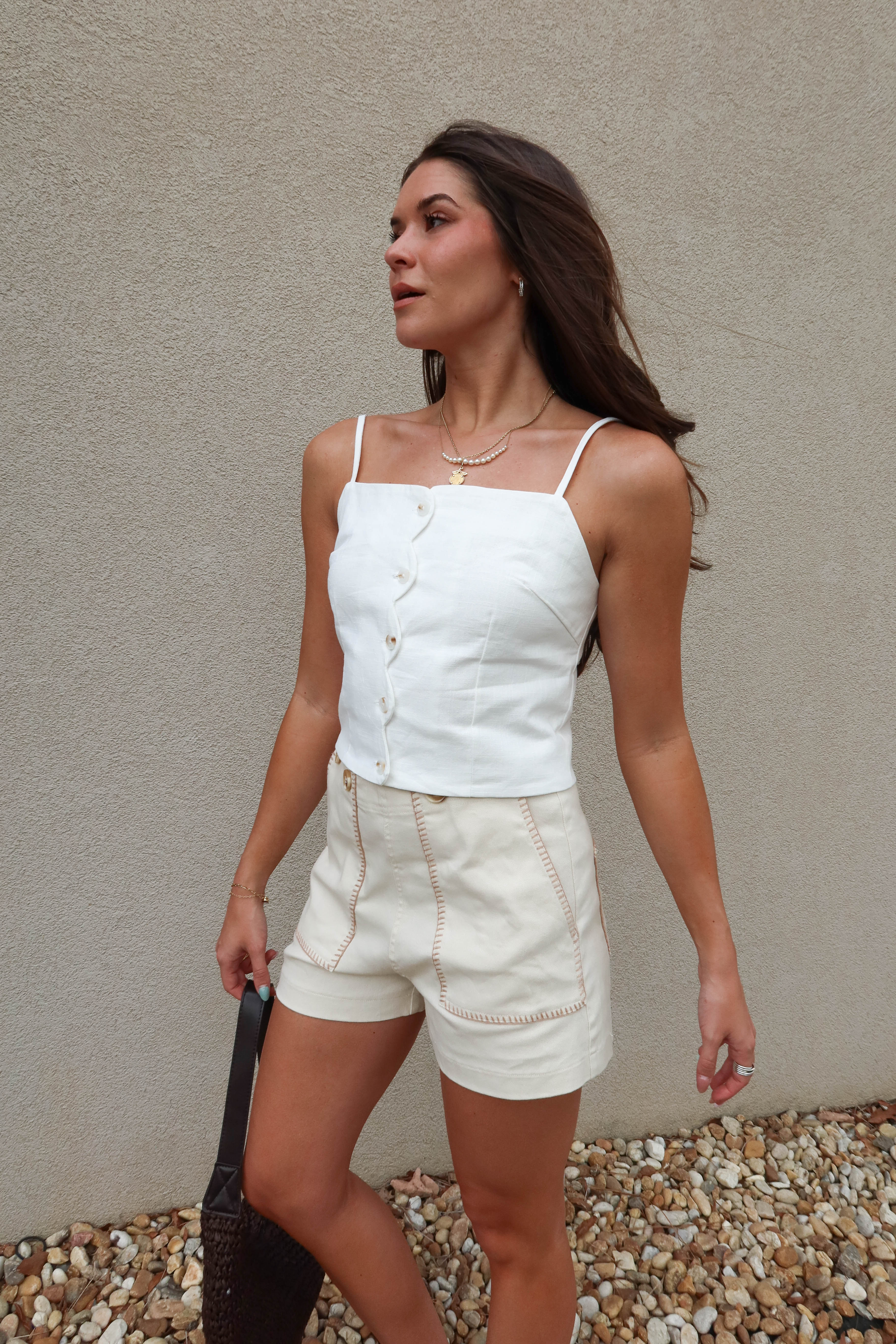 Elsie Ecru Stitch Detail Denim Shorts - Image 3