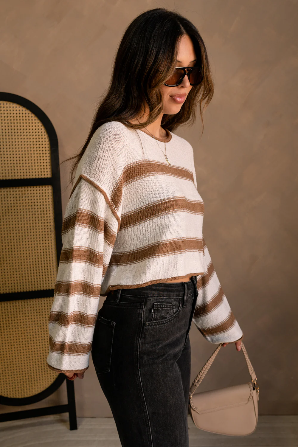 Elyse Cream & Brown Stripe Cropped Sweater
