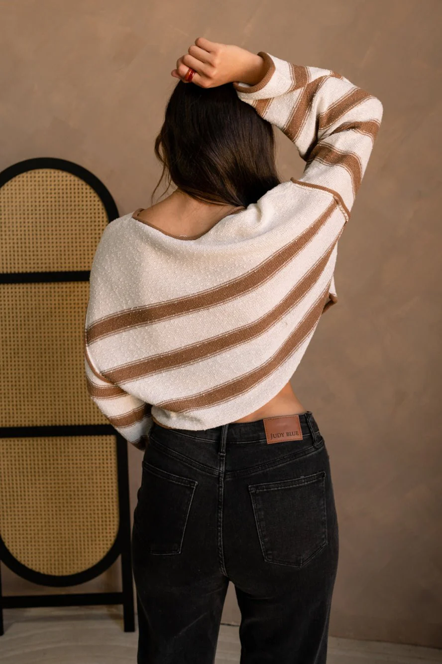 Elyse Cream & Brown Stripe Cropped Sweater - Image 6