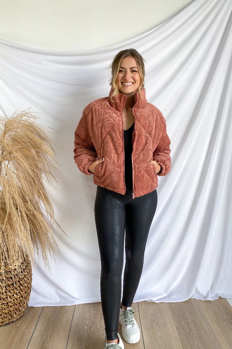 Emerson Corduroy Puffer Jacket in Terracotta - Image 2