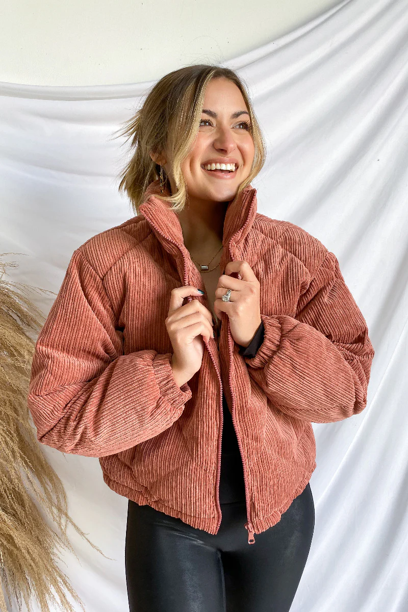 Emerson Corduroy Puffer Jacket in Terracotta - Image 3