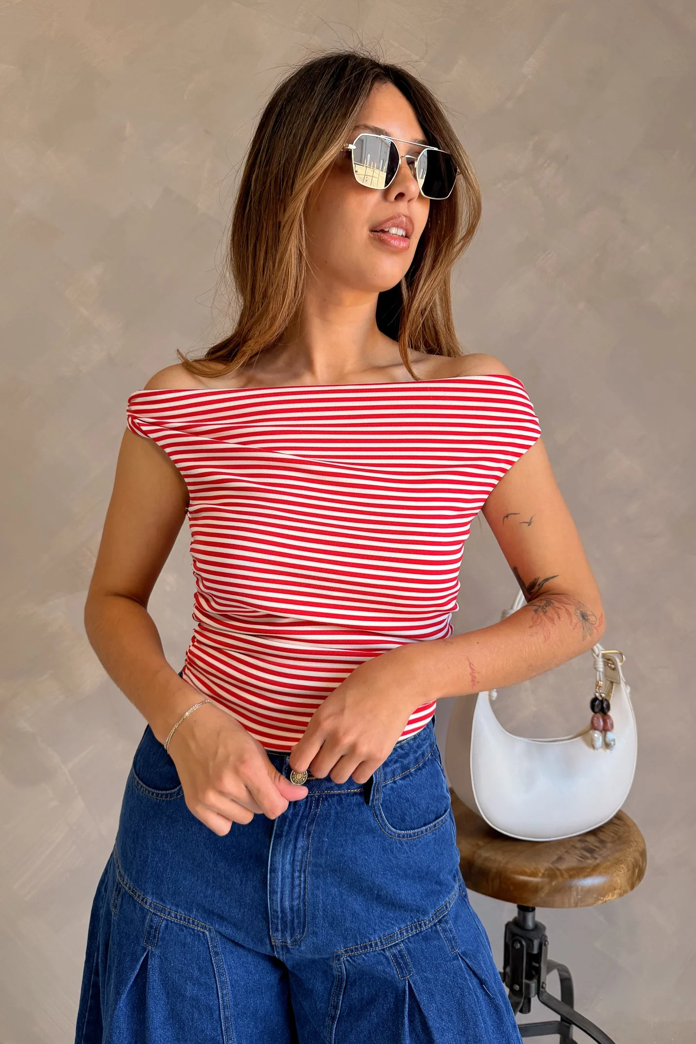 Emery Red & White Stripe Off-The-Shoulder Tank