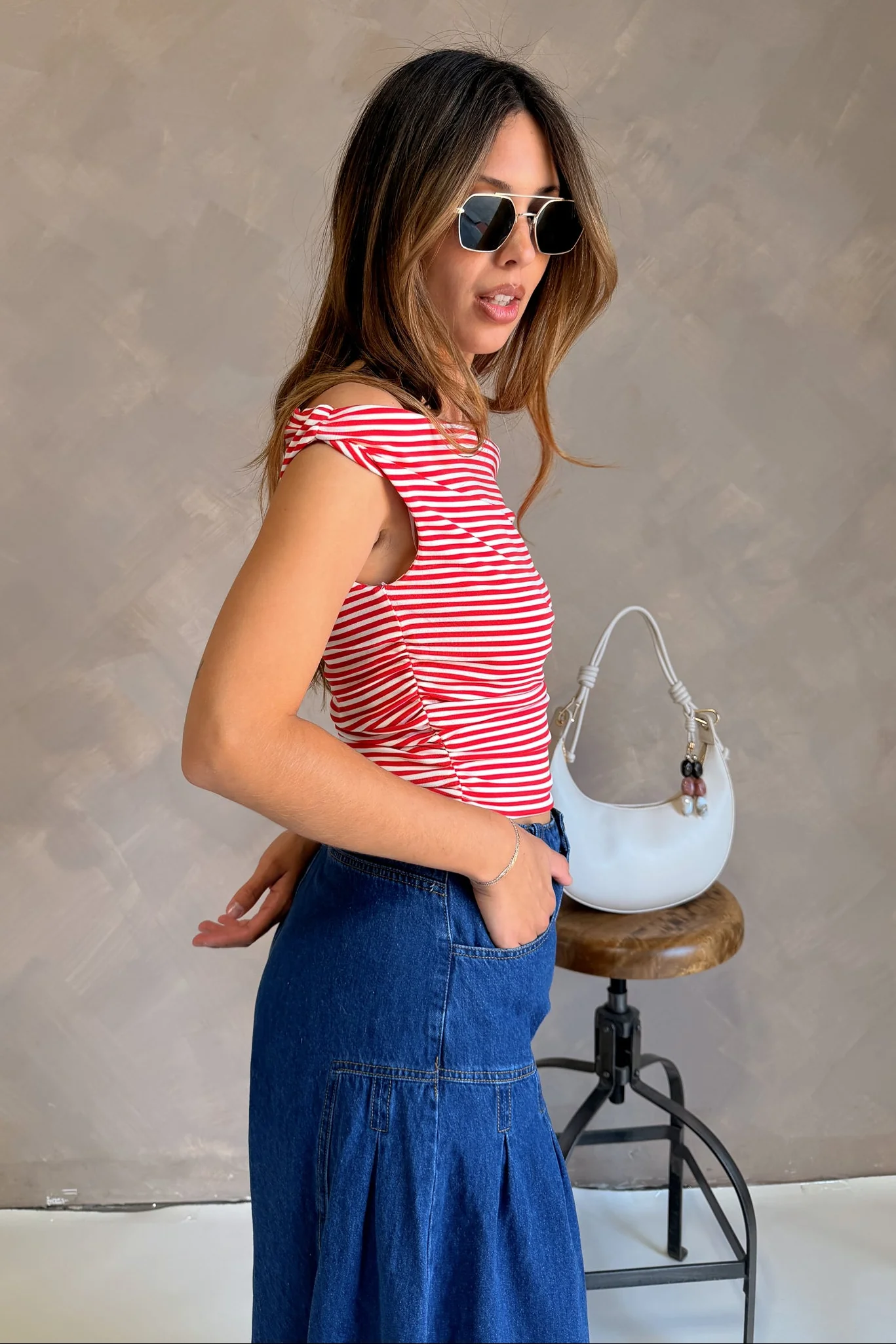 Emery Red & White Stripe Off-The-Shoulder Tank - Image 2