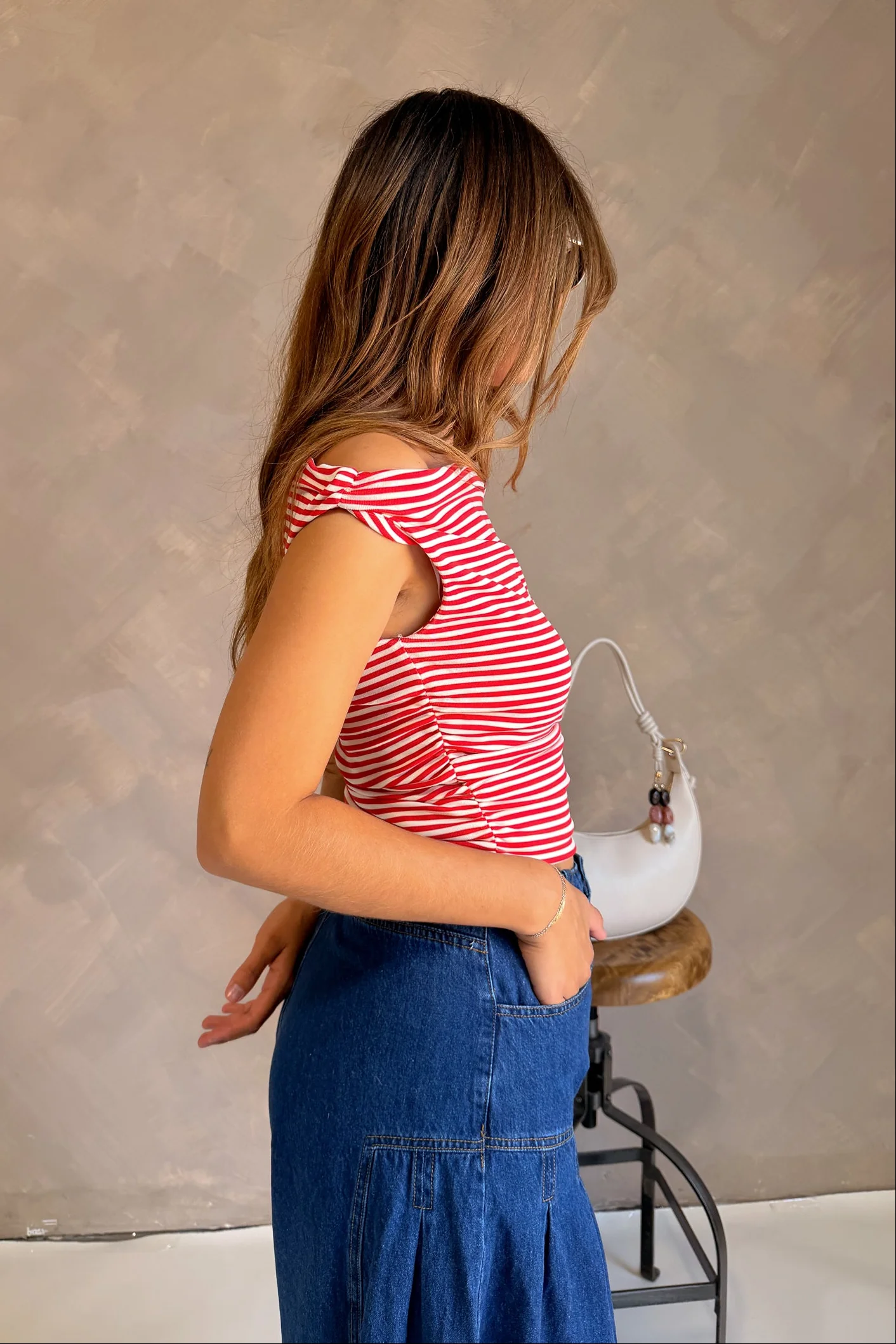 Emery Red & White Stripe Off-The-Shoulder Tank - Image 3