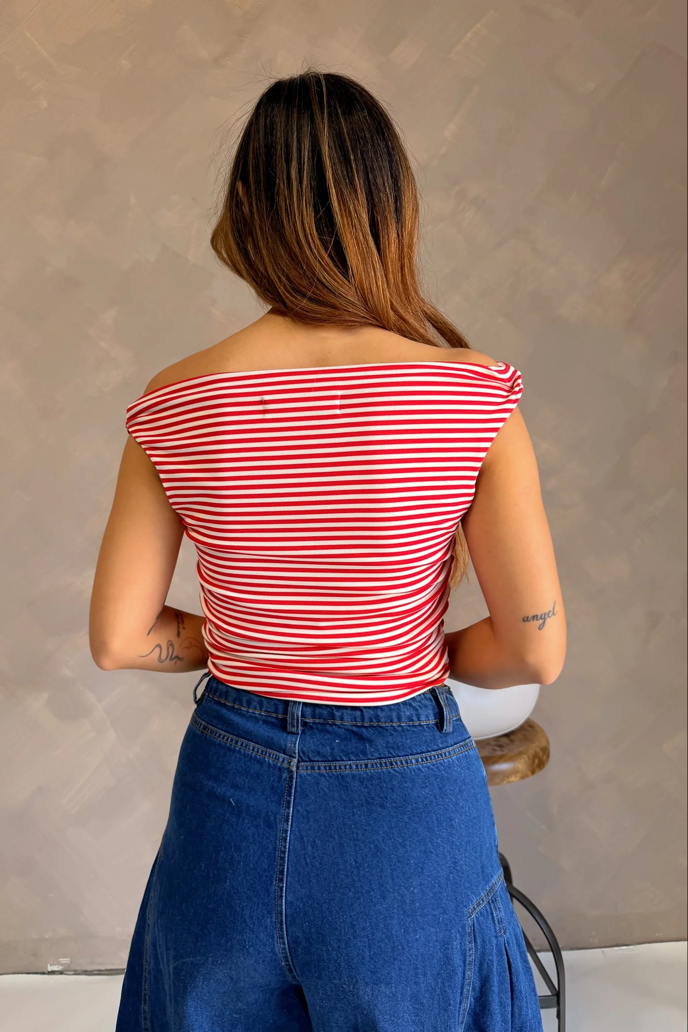 Emery Red & White Stripe Off-The-Shoulder Tank - Image 4