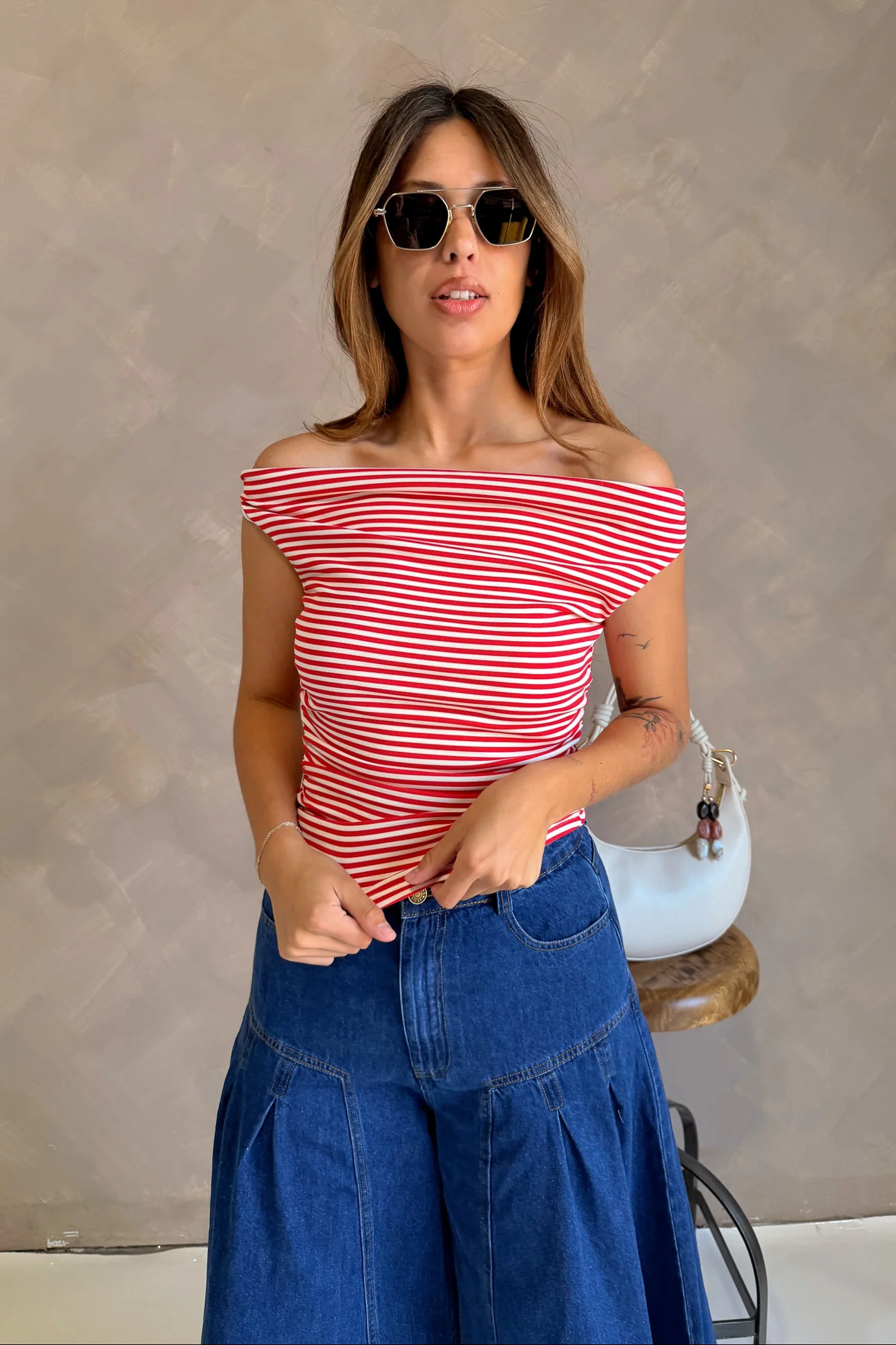 Emery Red & White Stripe Off-The-Shoulder Tank - Image 5