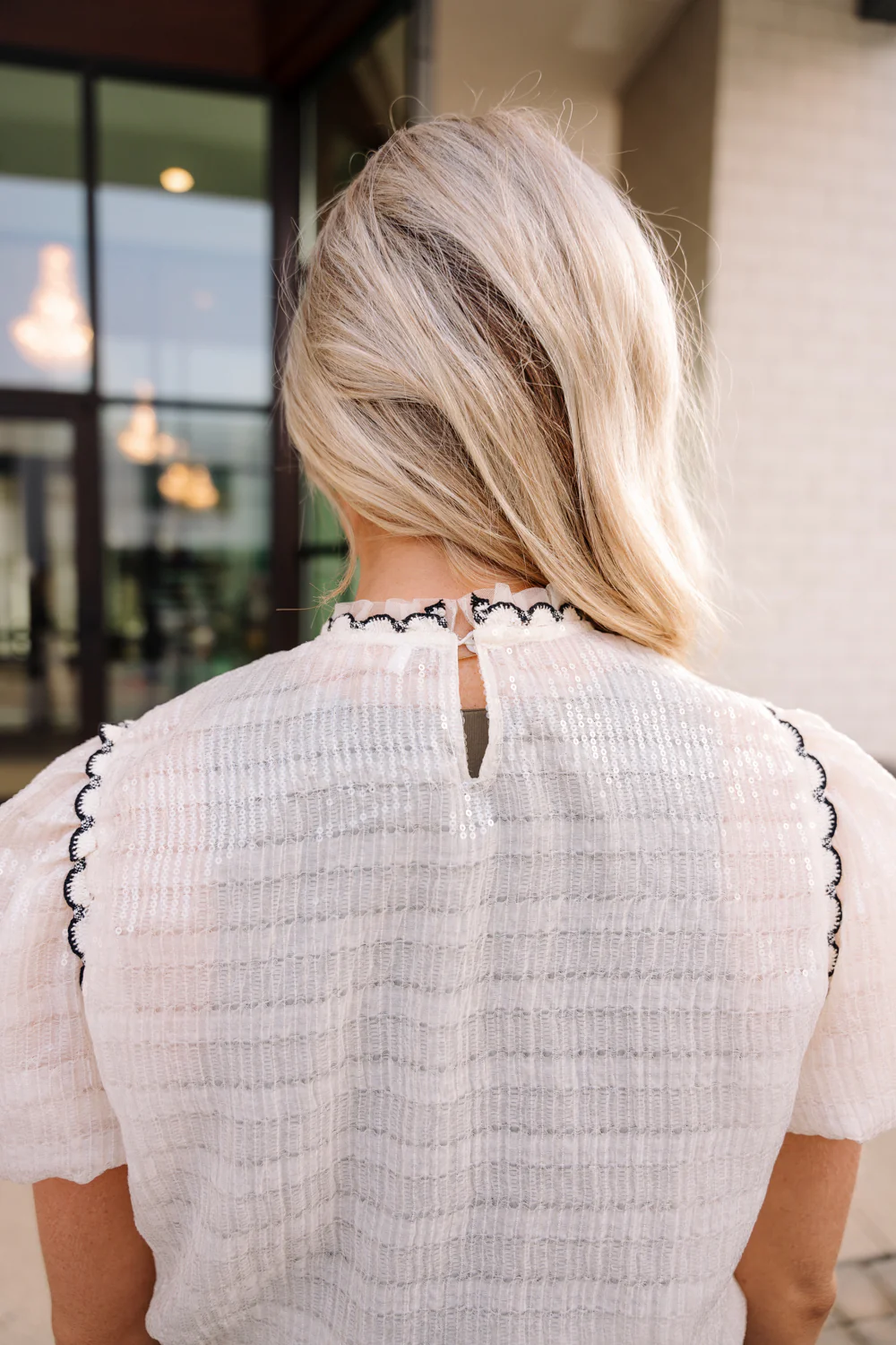 Emilia Black & Ivory Sequin Short Sleeve Top - Image 4