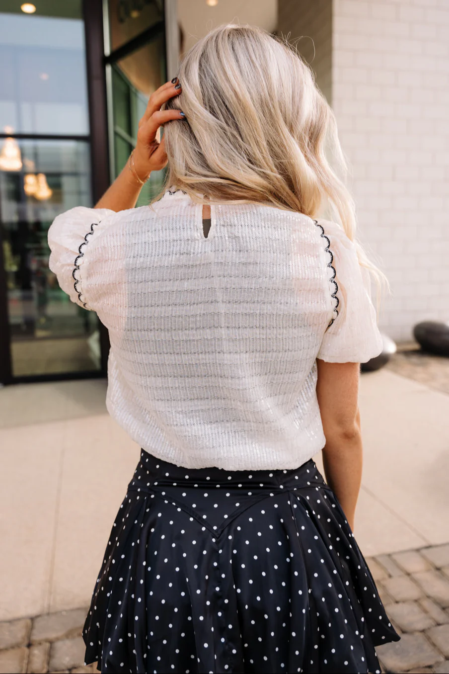Emilia Black & Ivory Sequin Short Sleeve Top - Image 5