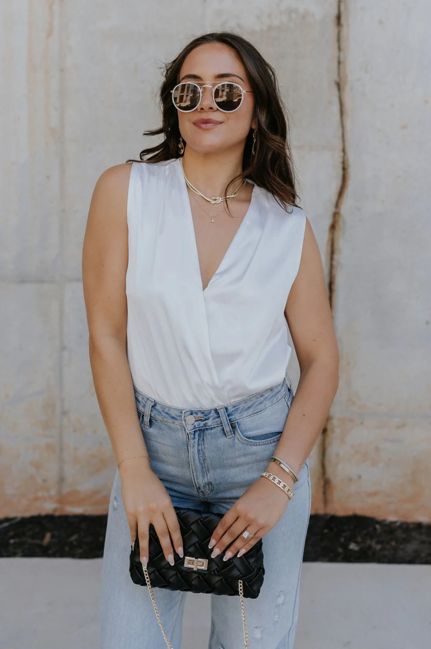 Emilia Satin Plunge Neckline Sleeveless Bodysuit