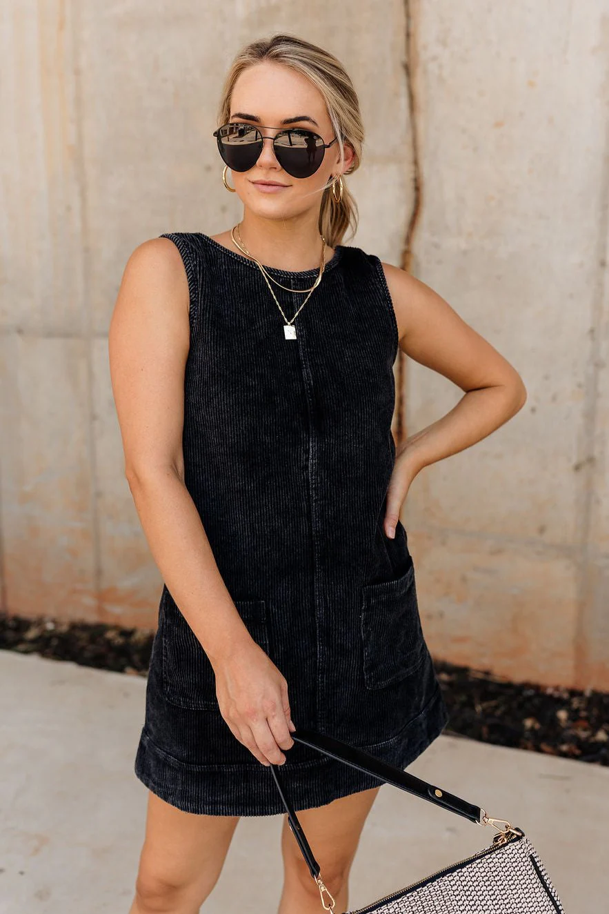 Emily Black Corduroy Mini Dress - Image 2
