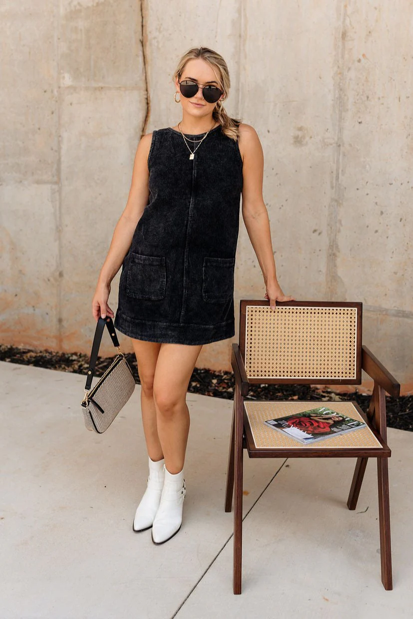 Emily Black Corduroy Mini Dress - Image 7