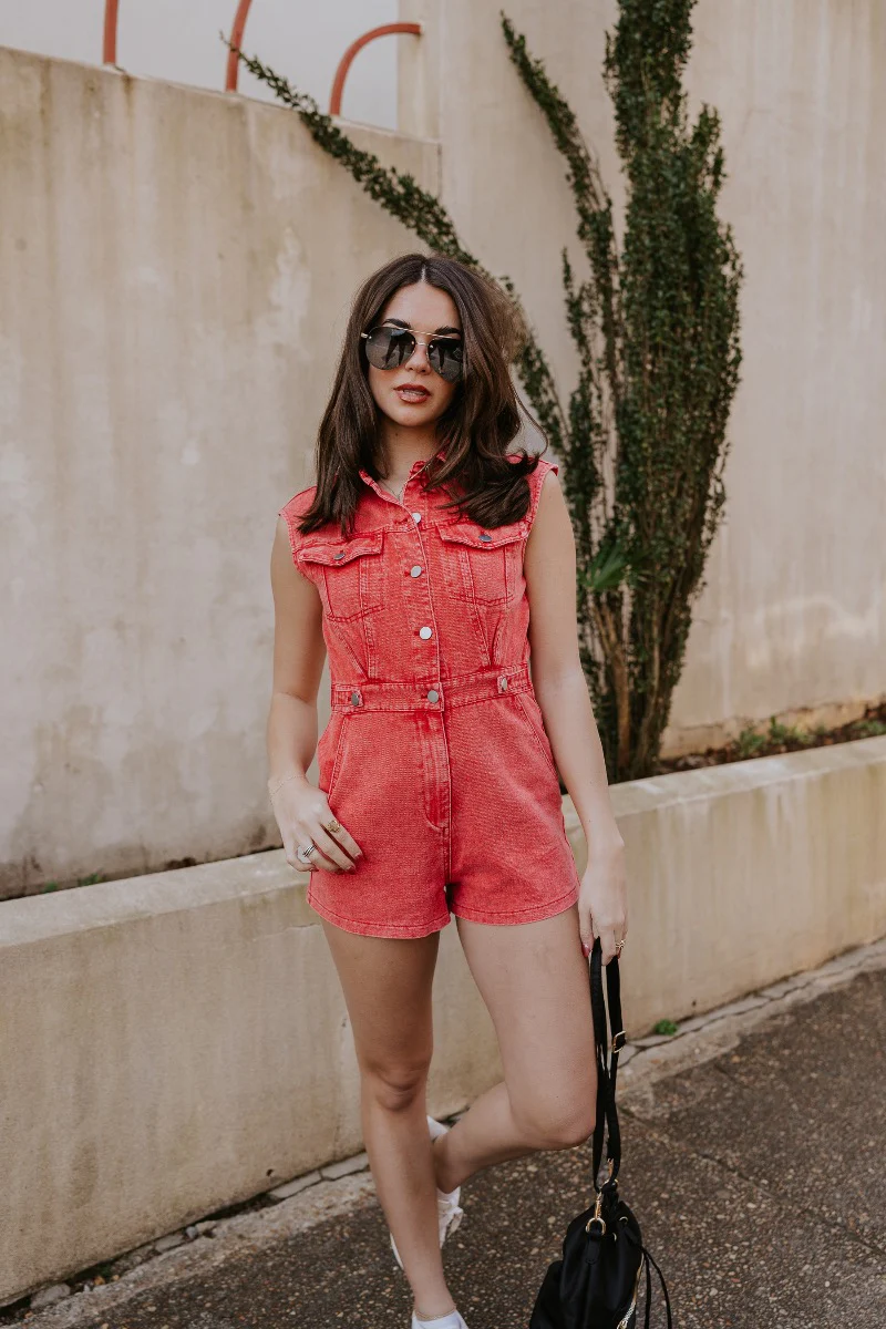 Emily Washed Red Denim Romper - Image 3