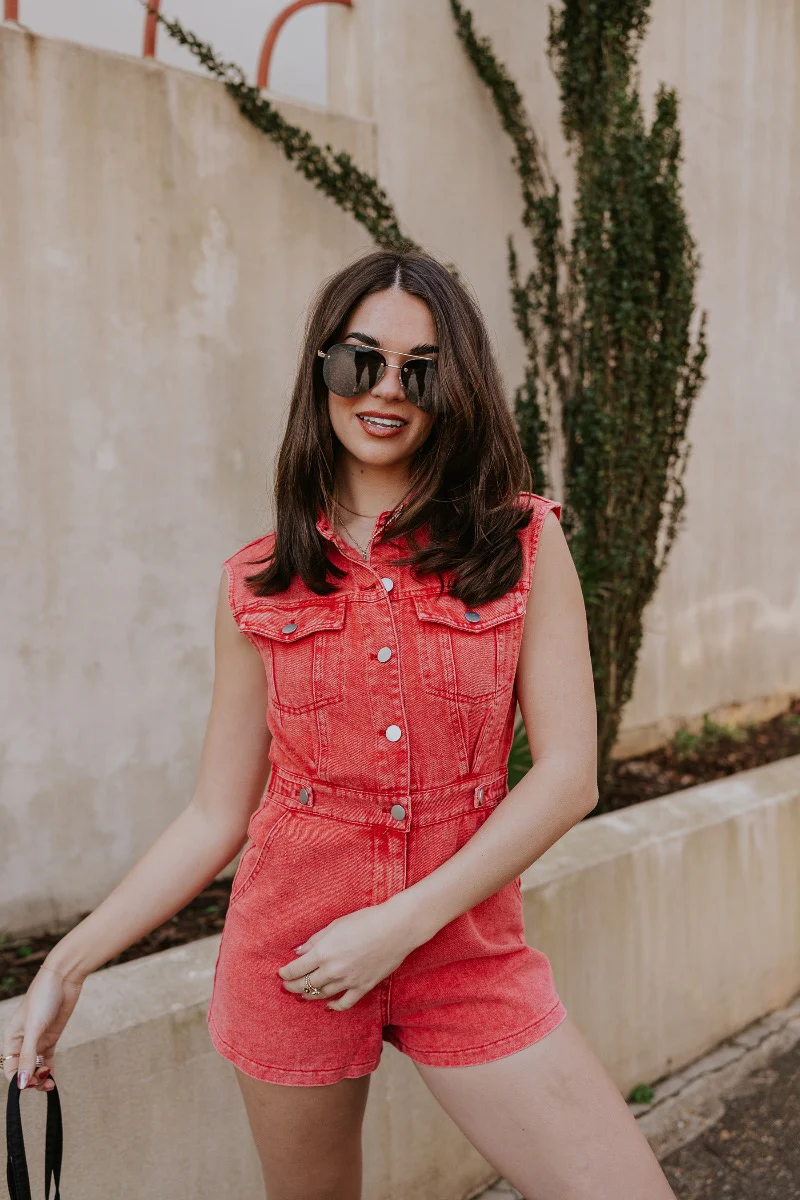 Emily Washed Red Denim Romper - Image 4